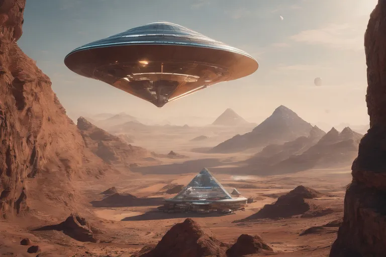 an alien ship flying over a desert landscape