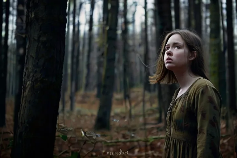 a woman standing in the middle of a forest