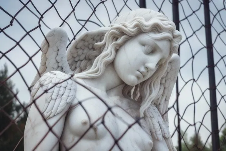 a statue of an angel behind a chain link fence