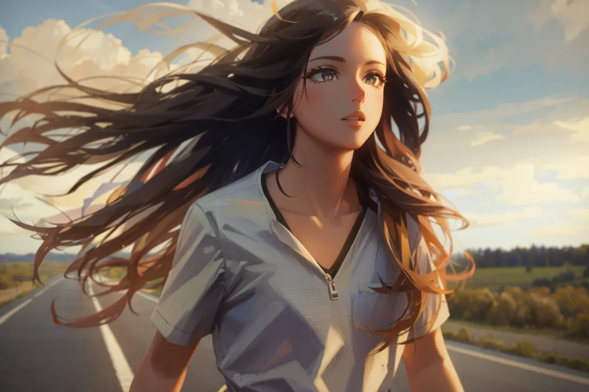 a woman with long hair walking down a road