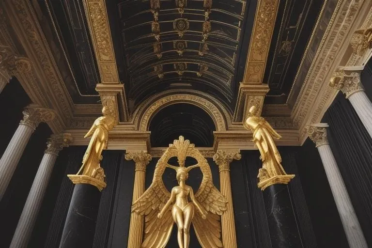 a gold statue in the middle of a building