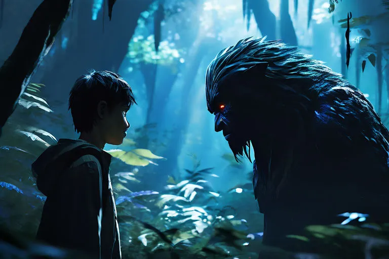 a young boy standing next to a giant monster in a forest