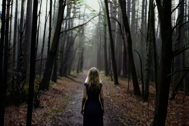 "Running through the twisted path, Sarah's heart pounded as she felt the woods closing in around her."

