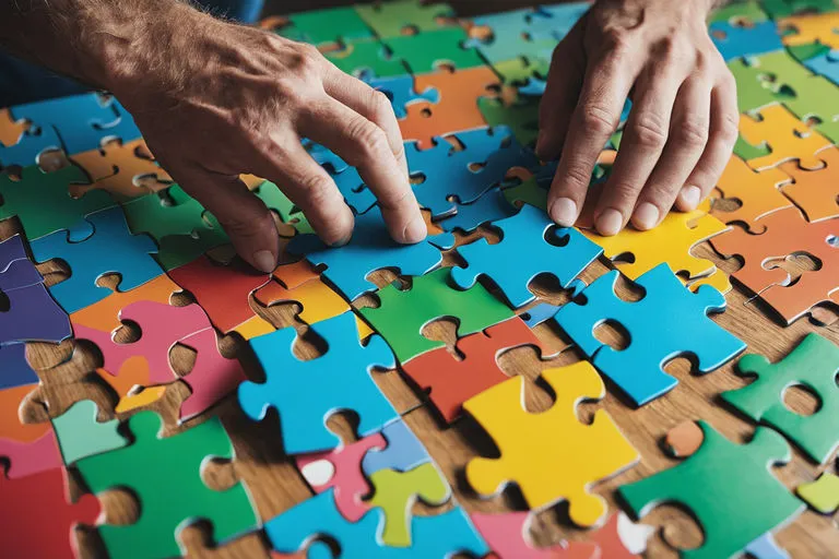 Visual: A man working on a large, colorful jigsaw puzzle at home. Details: Close-ups of puzzle pieces fitting perfectly, each connection bringing a bigger smile to his face.