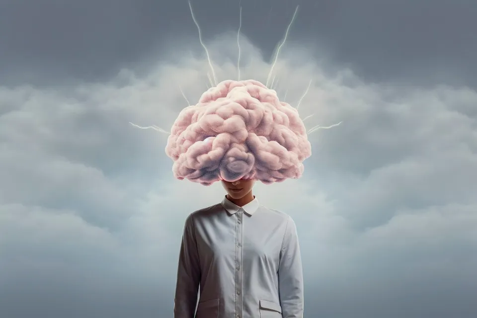 a man standing in front of a cloudy sky with a brain on his head