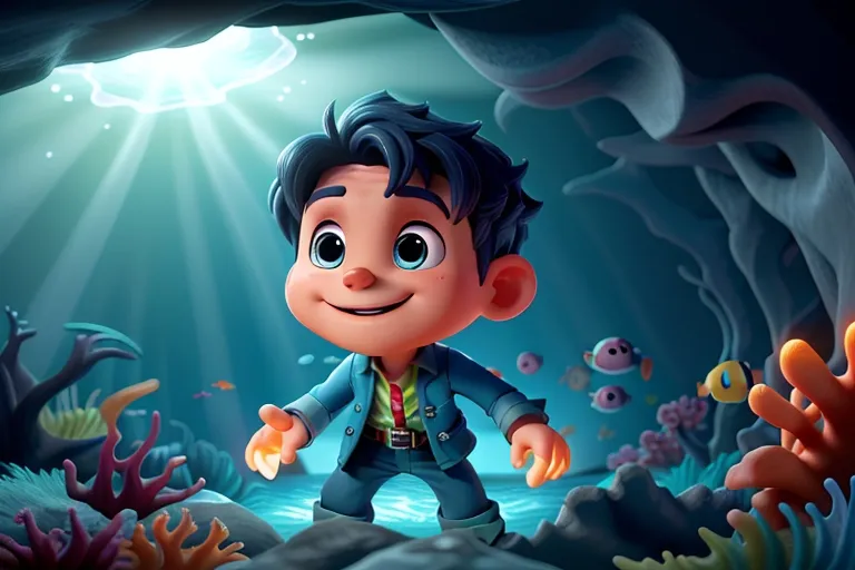 Kai discovering a hidden chamber deep within the ocean depths, illuminated by a mysterious glowing light.