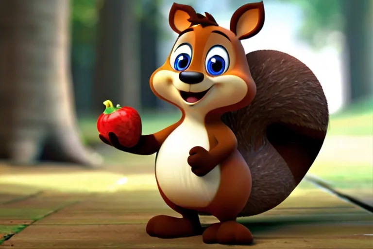 a cartoon squirrel holding an apple in a forest The magical forest, with towering trees, colorful flowers, and a sparkling stream.