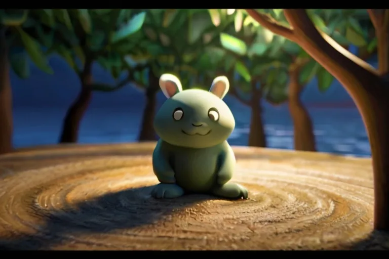 a small green animal sitting in the middle of a forest