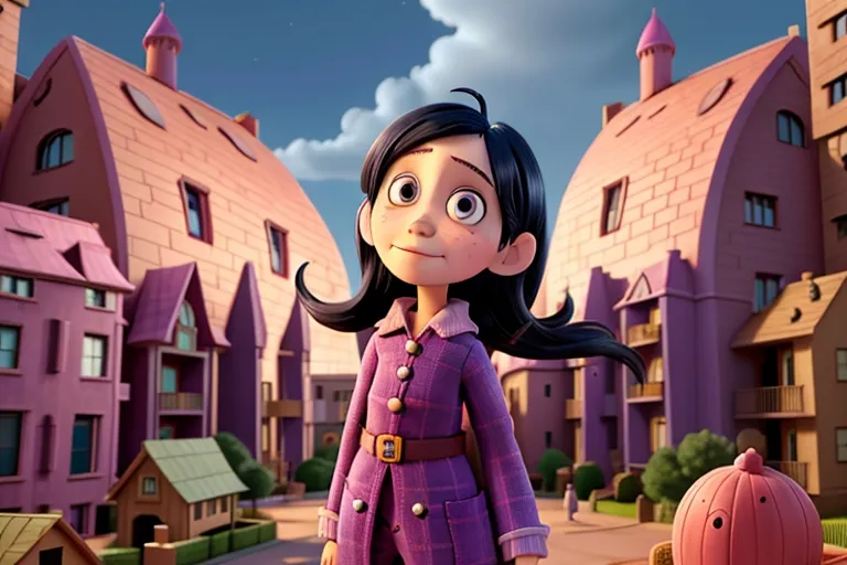 Coraline stands outside the Pink Palace Apartments, gazing up at the towering, weathered facade, her expression a mix of curiosity and apprehension.