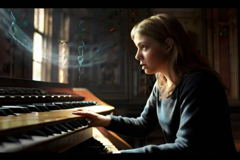 a young girl sitting at a piano playing the organ