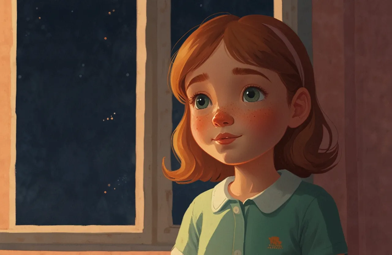 a little girl looking out a window at the stars