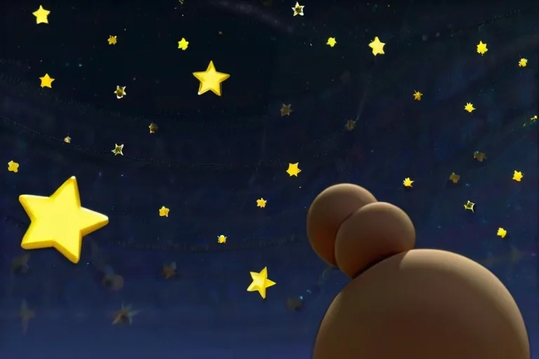 a teddy bear looking up at the stars in the sky