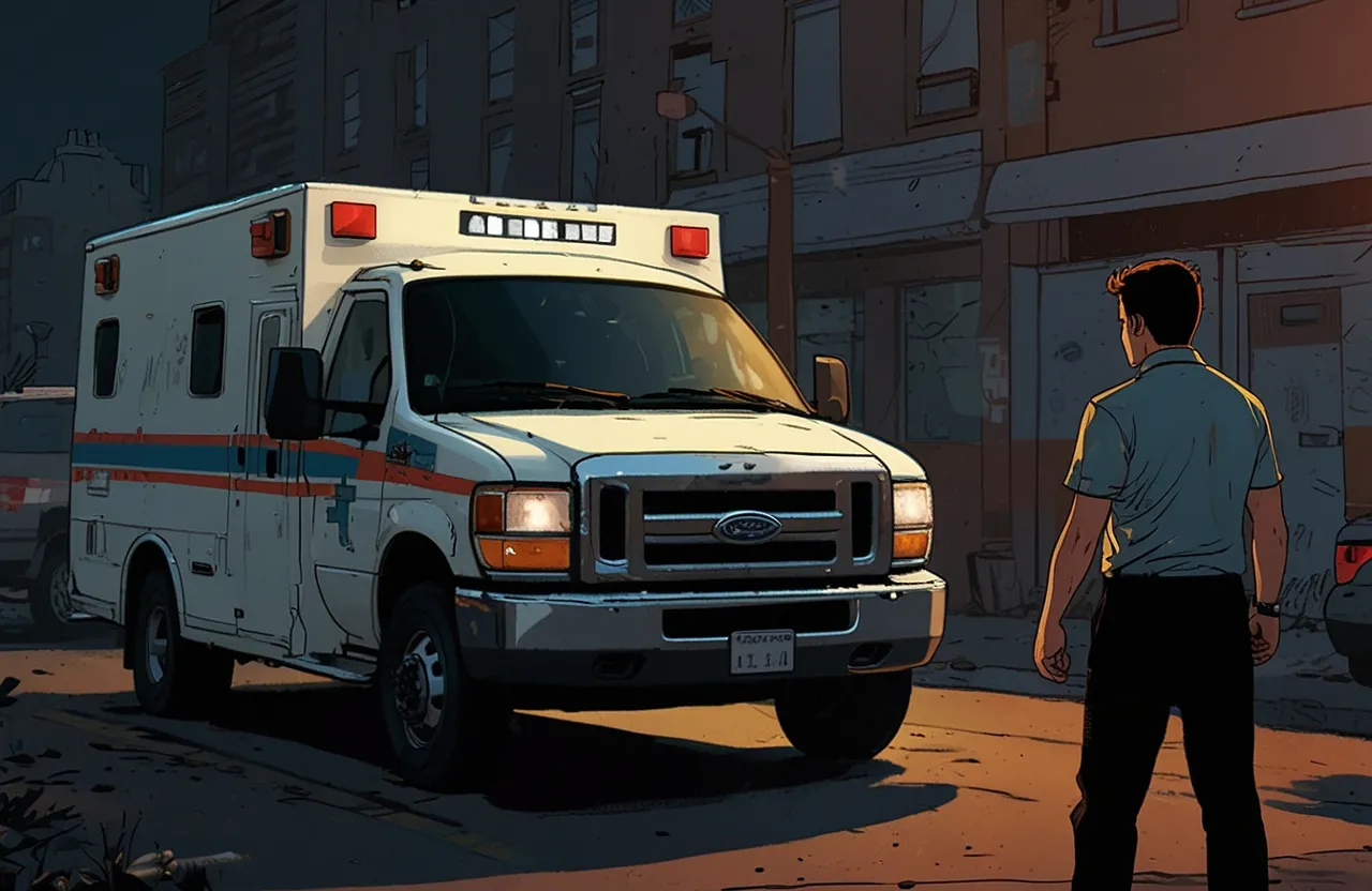 a man standing next to an ambulance on a street