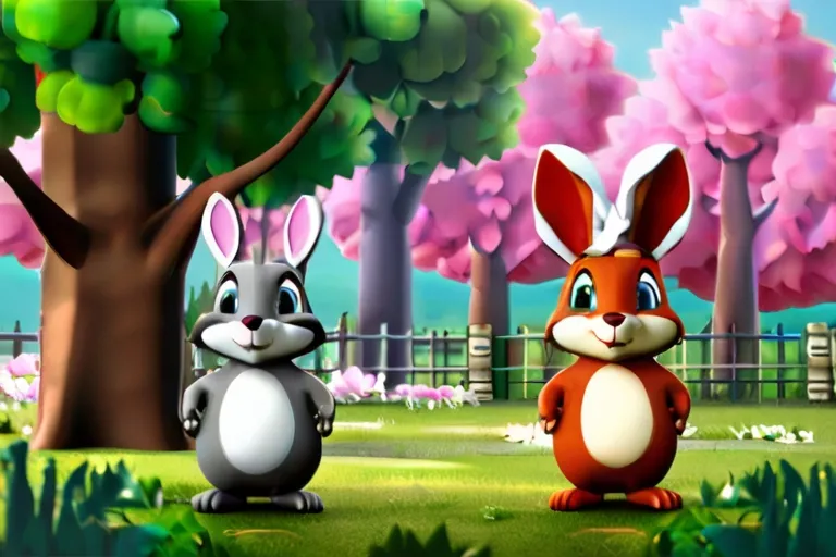 a couple of rabbits standing next to each other "In a magical forest, there lived three best friends: Sammy the squirrel, Molly the rabbit, and Danny the deer."