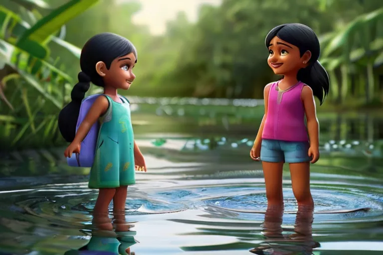 two young girls standing in a body of water