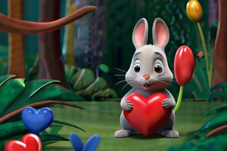 a rabbit holding a heart in the middle of a forest