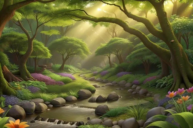  A lush forest with sunlight filtering through the canopy, illuminating a sparkling stream and vibrant flowers.