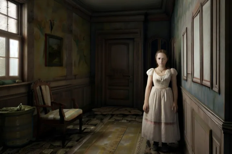 a woman in a white dress standing in a room