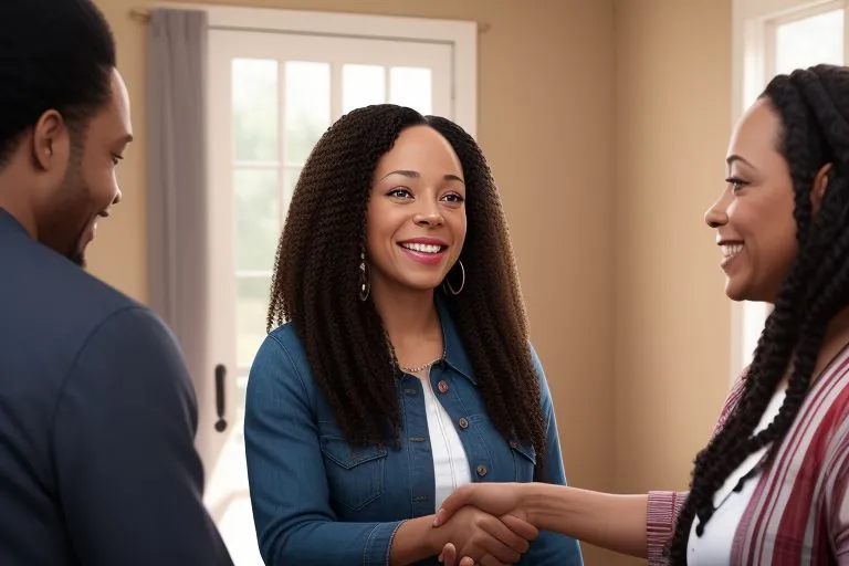 a woman shaking hands with two other women, with blue gray office background