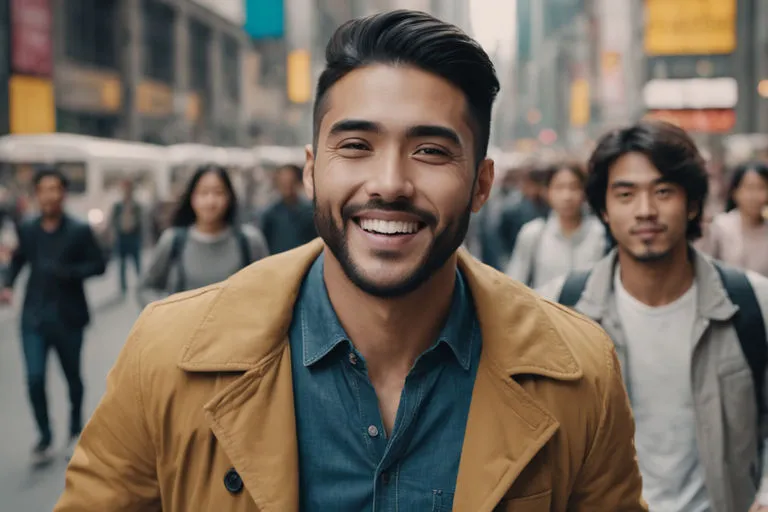 a man smiling in the middle of a busy city street