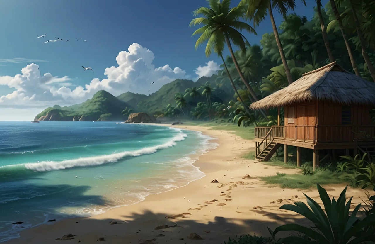 a painting of a tropical beach with a hut