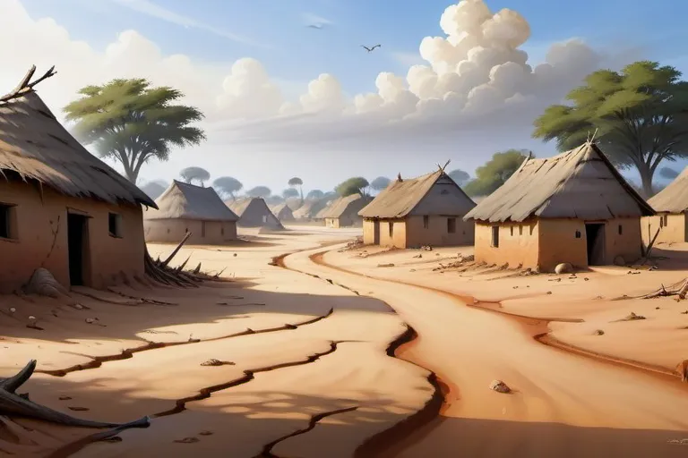 a painting of a village with a dirt road