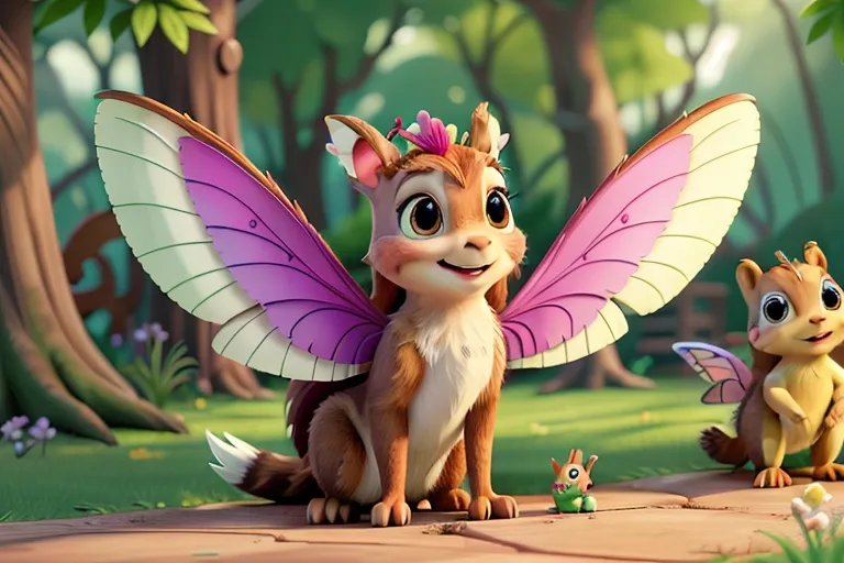 Flutter the Fairy, with her delicate wings and mischievous smile, flutters around, while Rocky the Squirrel scampers playfully."