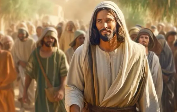 jesus walking through a crowd of people