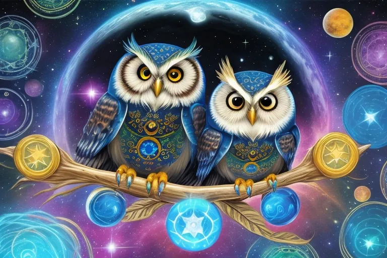 two owls sitting on a branch with a moon in the background