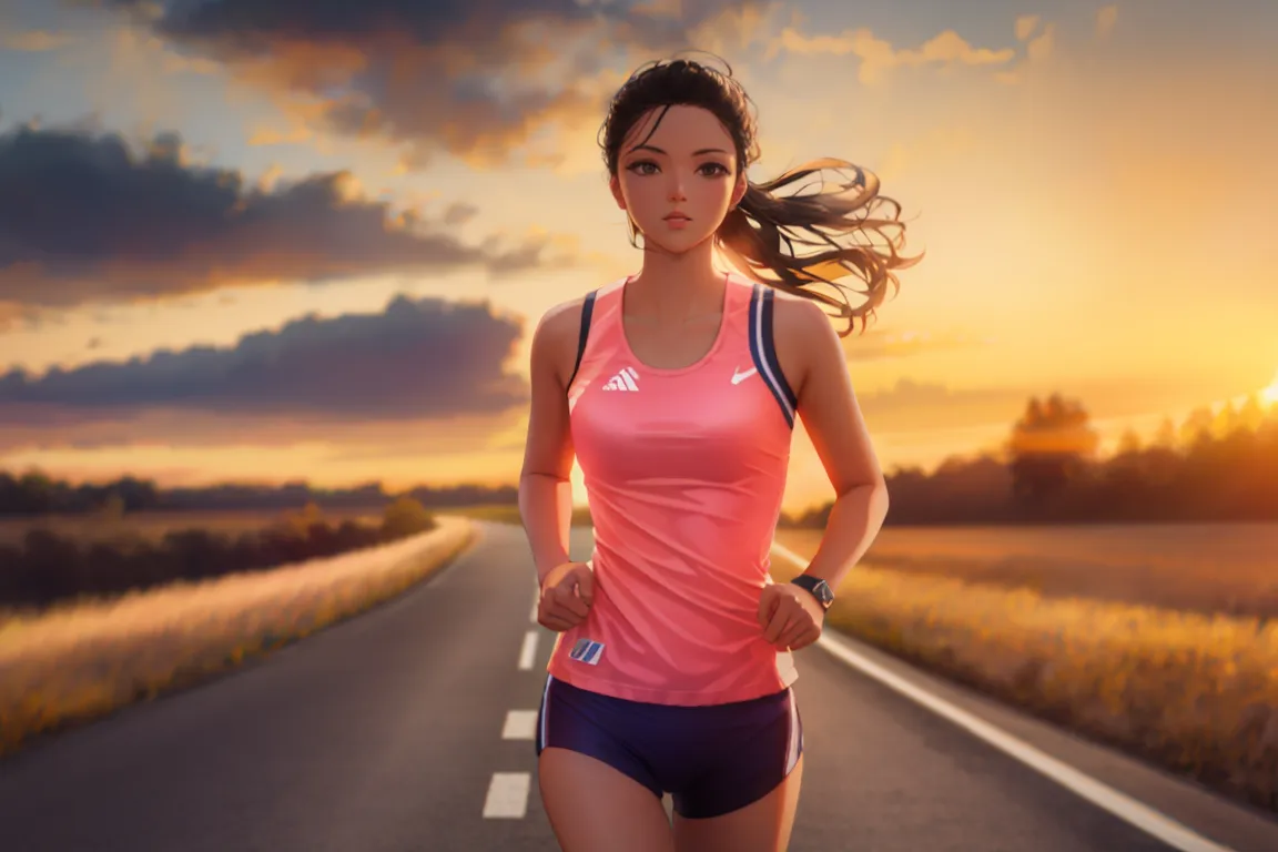 a woman running down a road at sunset