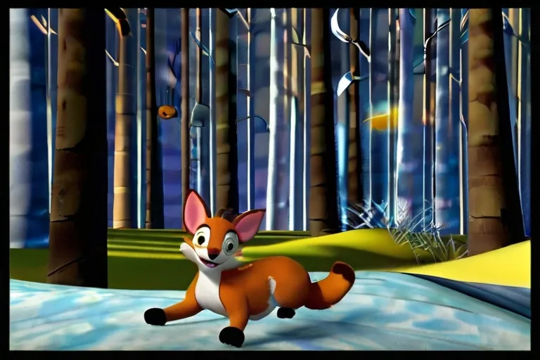 a cartoon fox running through a snowy forest"The friends watched in awe as the baby bird soared through the air, feeling proud of their role in helping it become strong enough to fly."