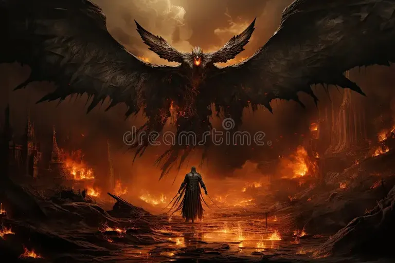 a demonic demon standing in the middle of a fire filled forest