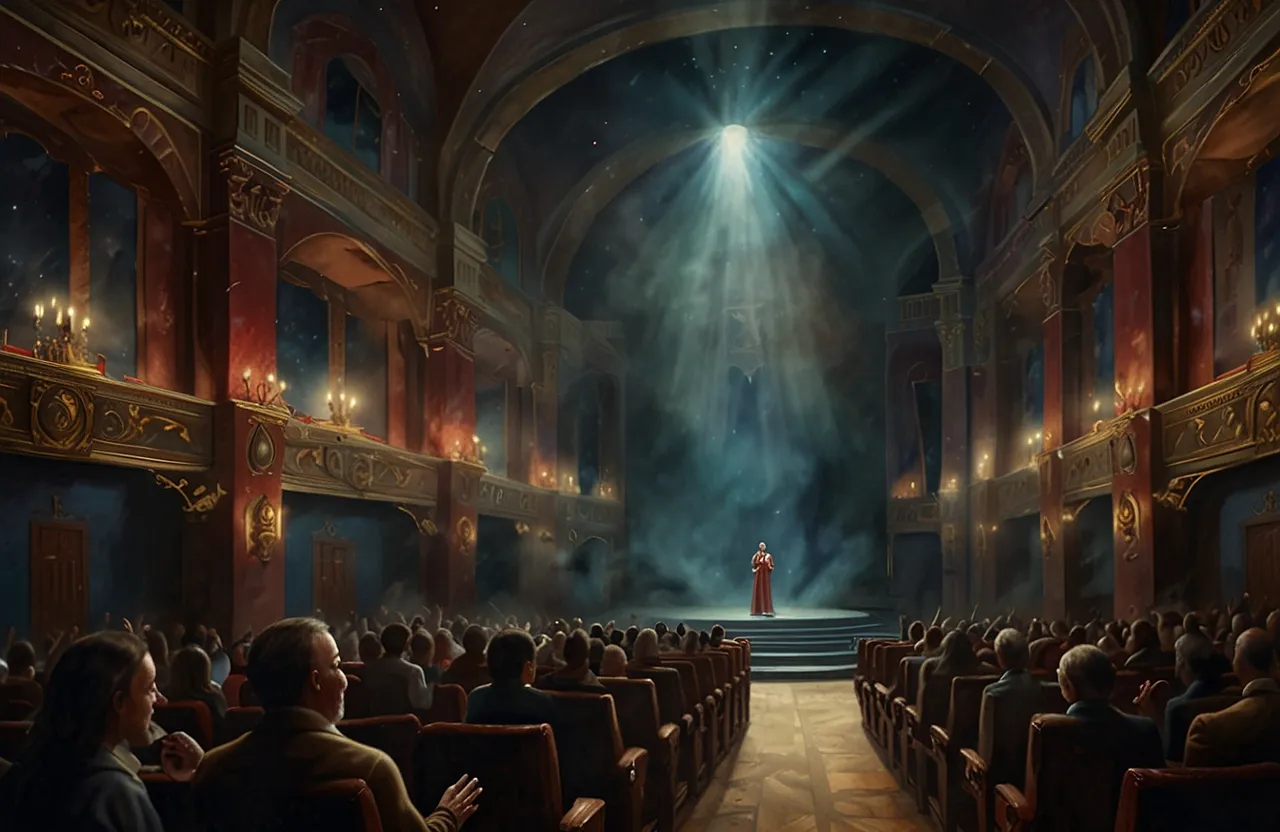 a painting of a stage with a person standing in the middle of the stage