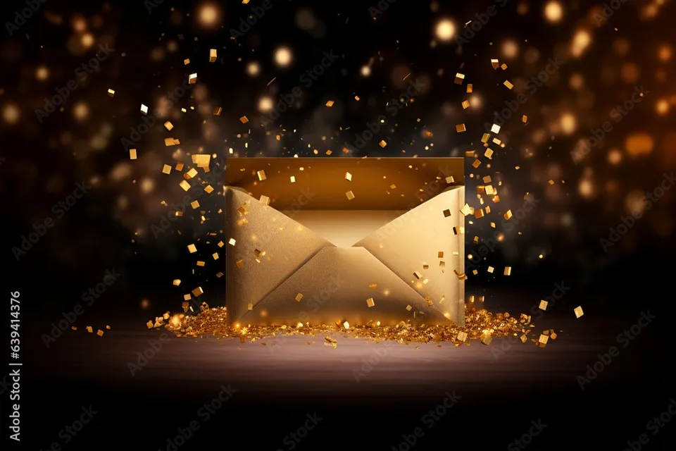 an open envelope with gold confetti falling out of it