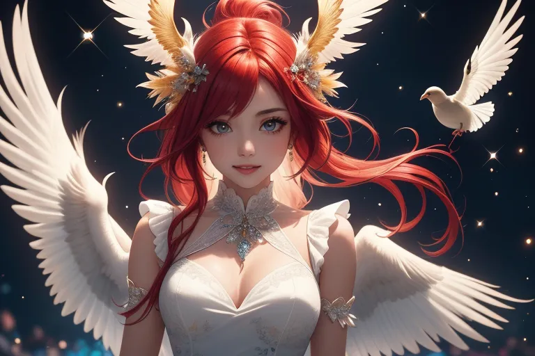 a woman with red hair and angel wings