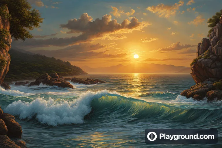 a painting of a sunset over the ocean