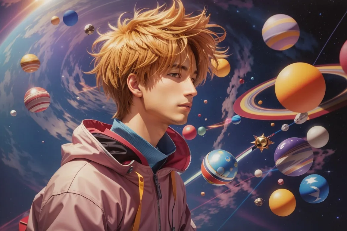 a young man standing in front of a bunch of planets