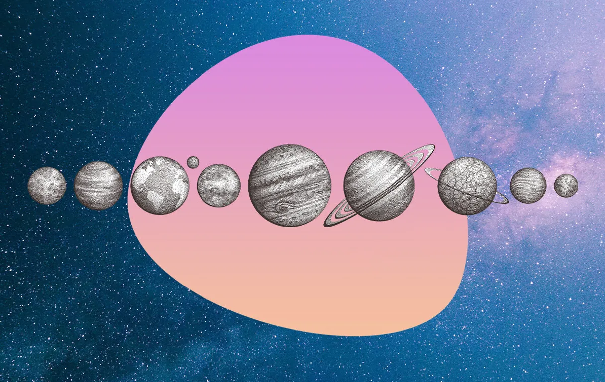 a drawing of a solar system with eight planets