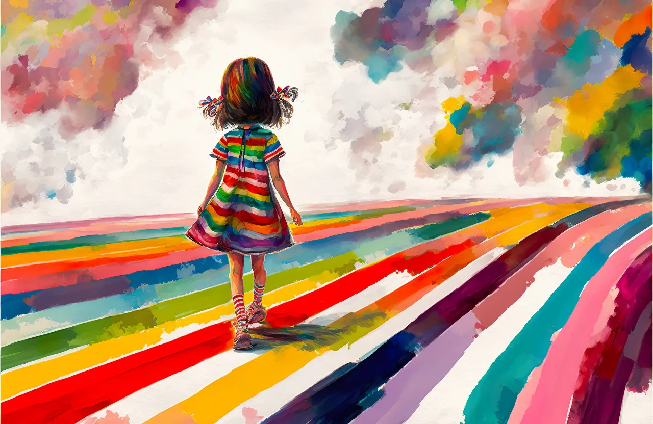 a painting of a little girl standing in a rainbow field