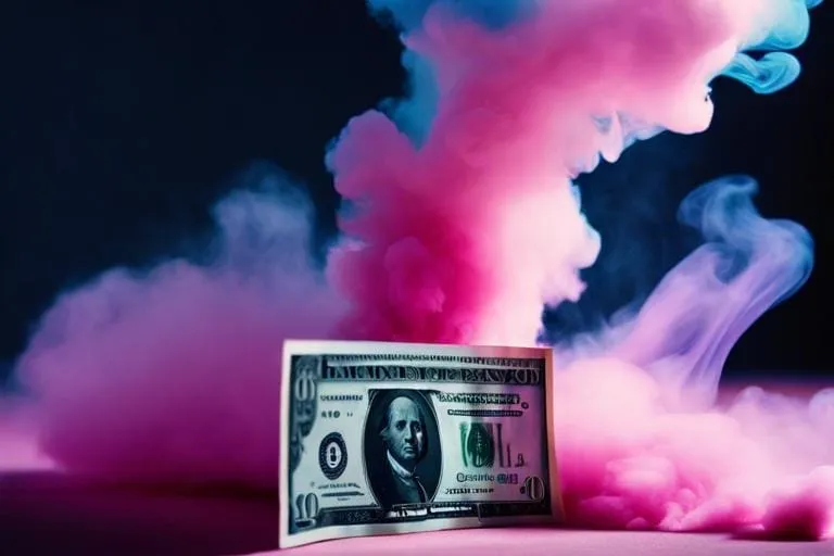 a one dollar bill with smoke coming out of it