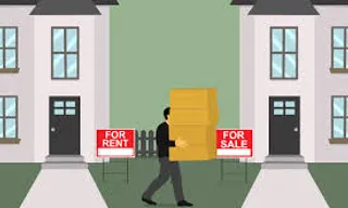 a man carrying a box in front of a house with for rent signs