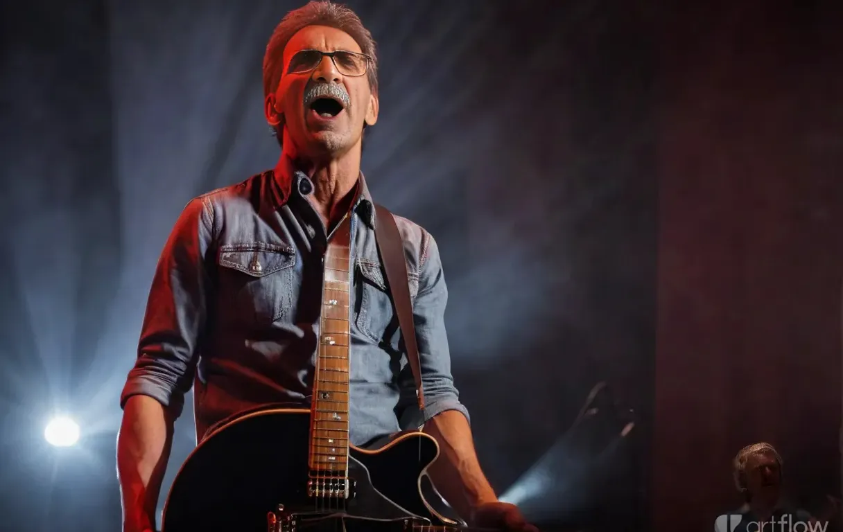 a man singing into a microphone while holding a guitar