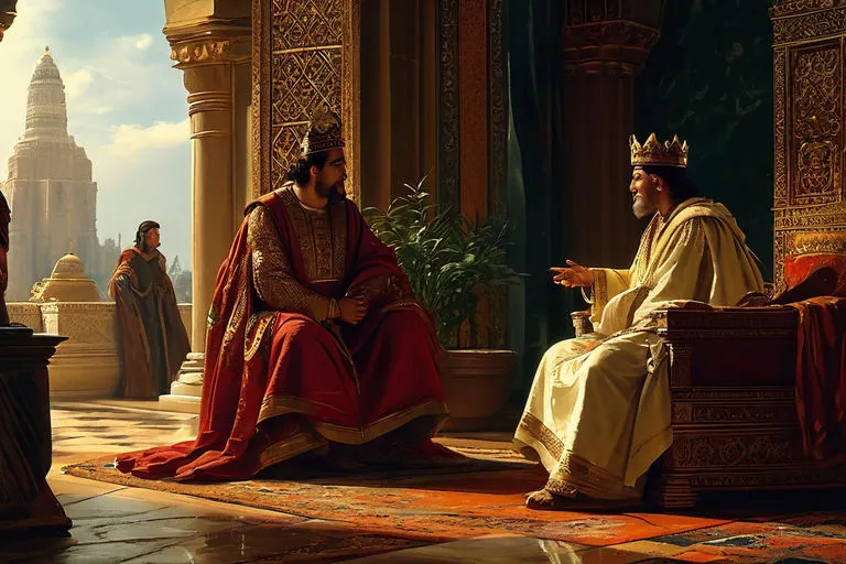 a painting of a man in a crown talking to another man