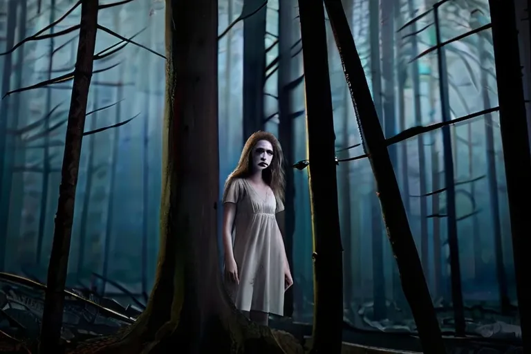 a woman in a white dress standing in a forest