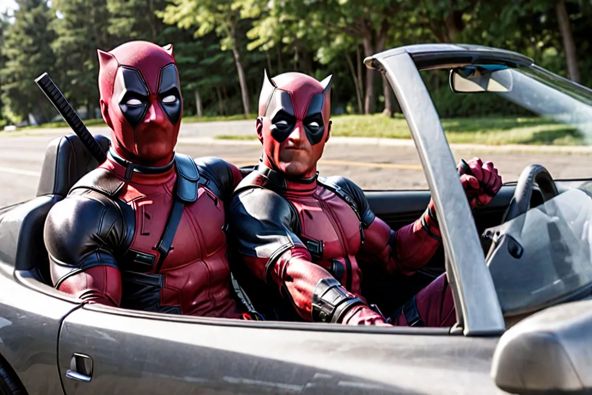 two deadpools are sitting in a convertible car