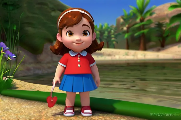 a girl in a red shirt and blue skirt holding a red heart