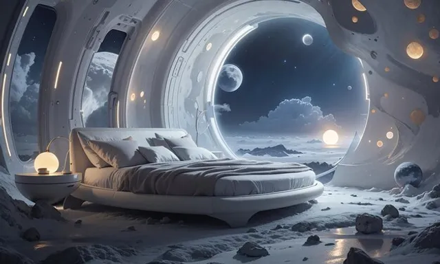 a bed sitting inside of a bedroom next to a window moon