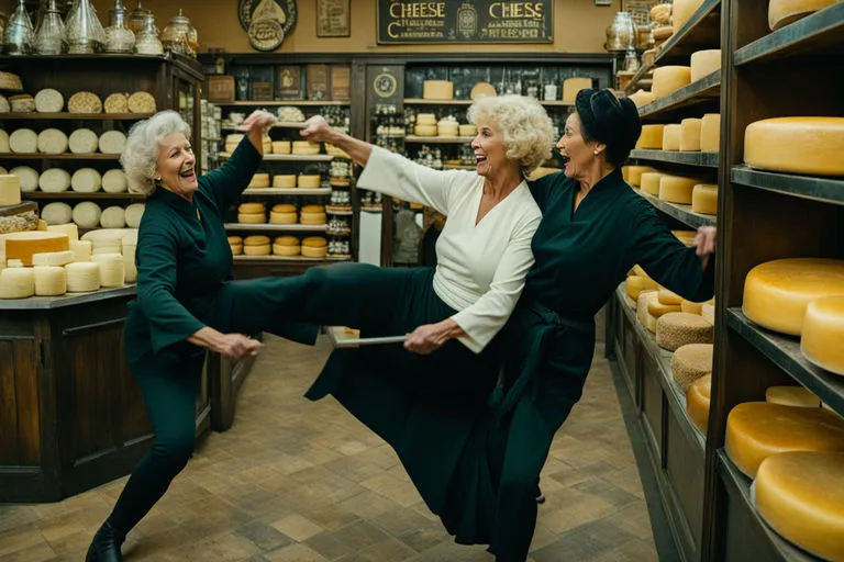 2 Woman fighting inside a vintage small cheese shop , flying cheese, action movie, Spielberg scene, slowmotion fighting scene, intricate and detailed