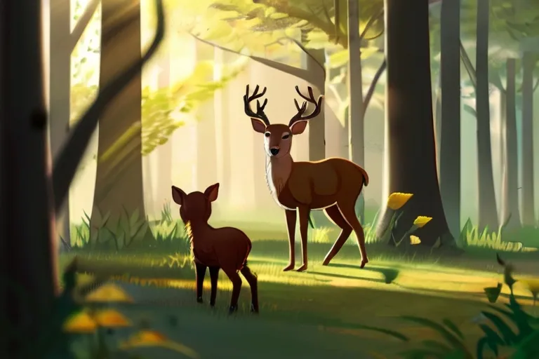 a couple of deer standing next to each other in a forest