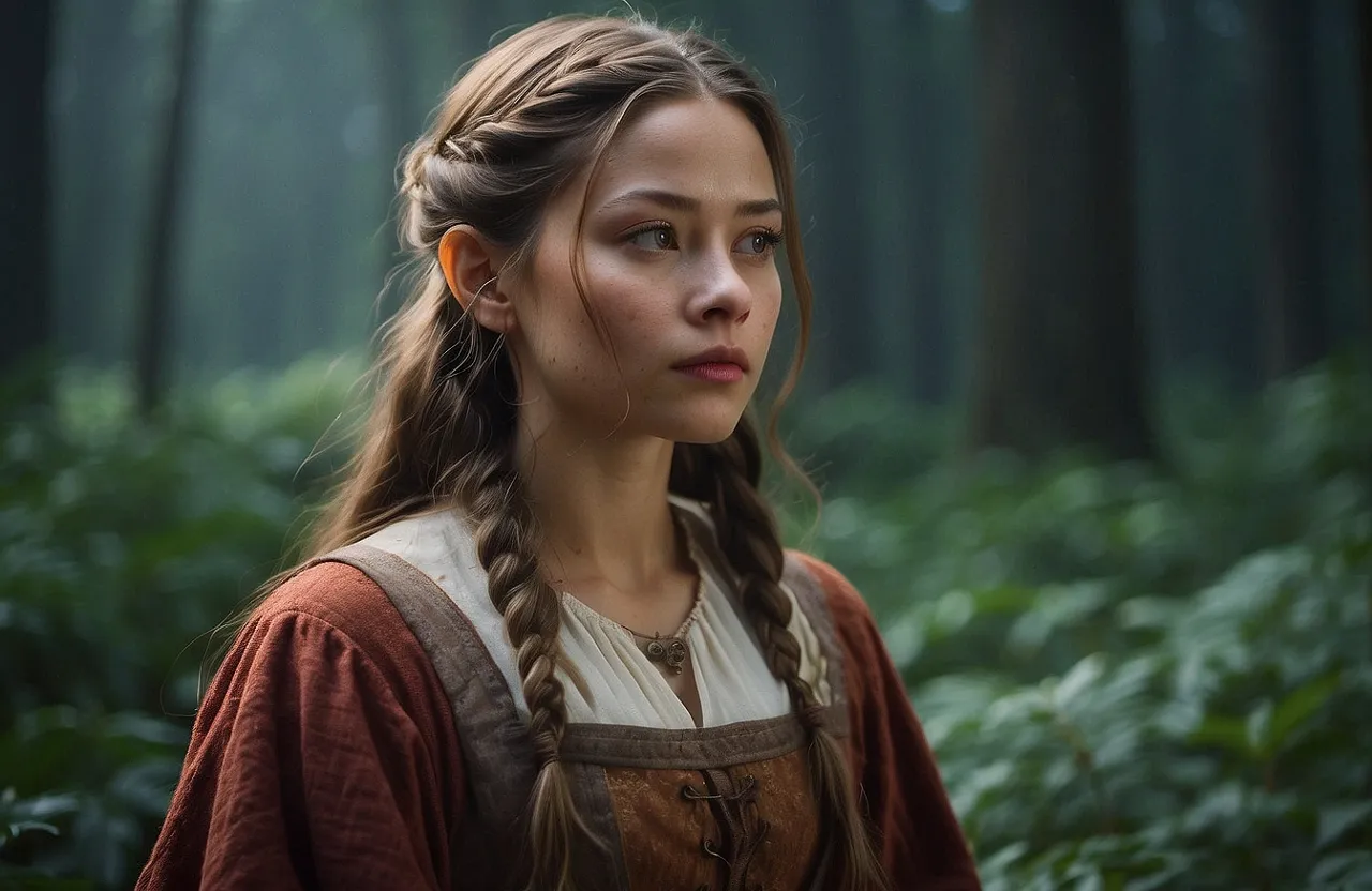 a woman with braids standing in a forest